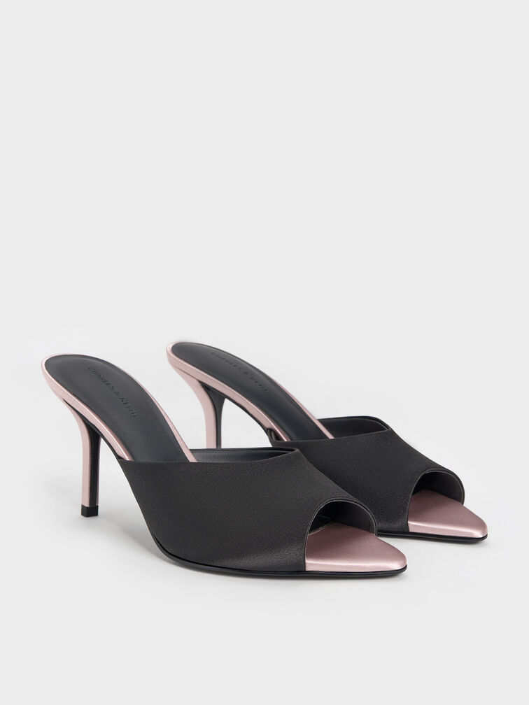 Valentina Satin Peep-Toe Stiletto Mules, Black Textured, hi-res
