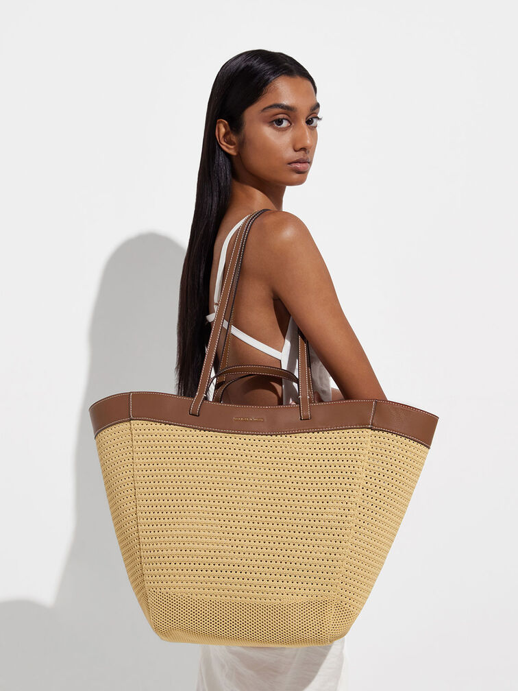 Ida Knitted Sculptural Tote Bag, Beige, hi-res