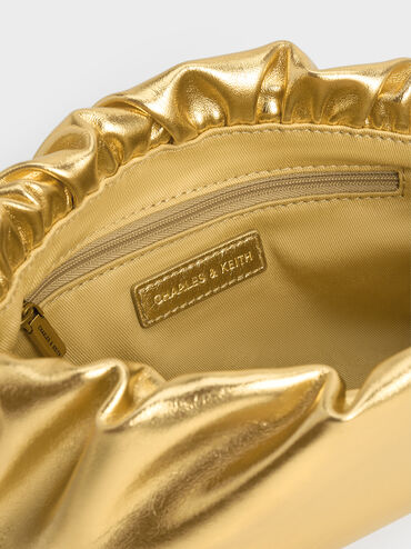Brigette Metallic Ruched Chain-Handle Clutch, Gold, hi-res