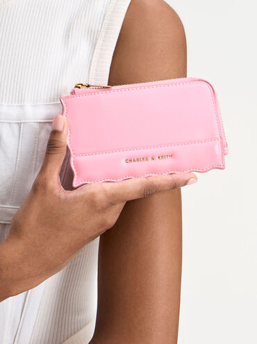 Wavy Trim Zip Wallet, สีชมพู, hi-res