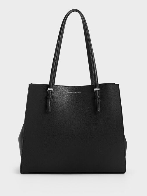 กระเป๋าโท้ทรุ่น Sansa, สีดำอะไหล่สีเงิน, hi-res