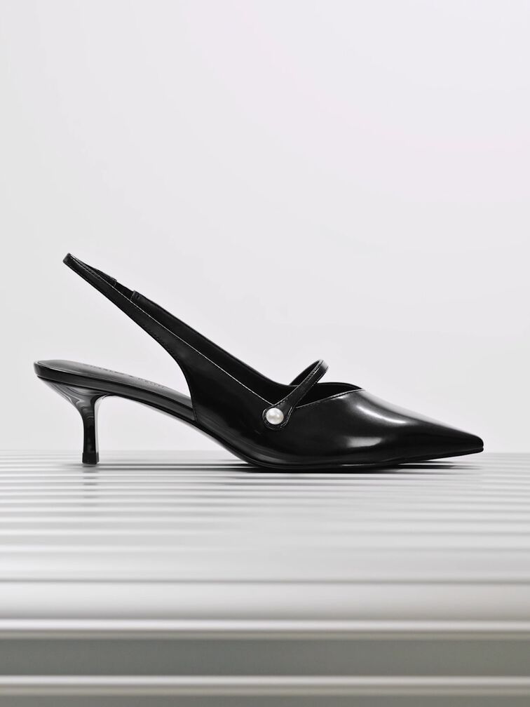 Helena Pearl-Buckle Pointed-Toe Slingback Pumps, Black Boxed, hi-res
