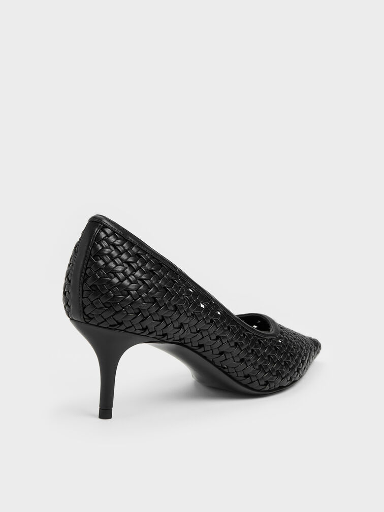 Woven Pointed Stiletto Pumps, Black, hi-res