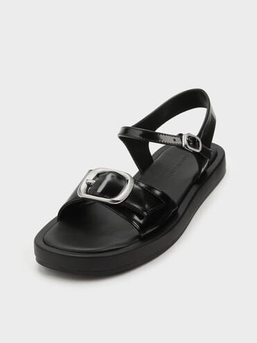Buckled Slingback Sandals, Black Boxed, hi-res