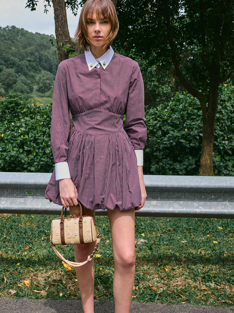 กระเป๋าโบว์ลิ่งวัสดุราฟเฟียประดับดอกไม้รุ่น Philomena, สีเบจ, hi-res