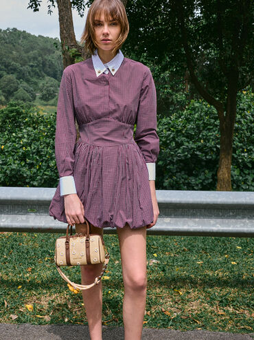 กระเป๋าโบว์ลิ่งวัสดุราฟเฟียประดับดอกไม้รุ่น Philomena, สีเบจ, hi-res