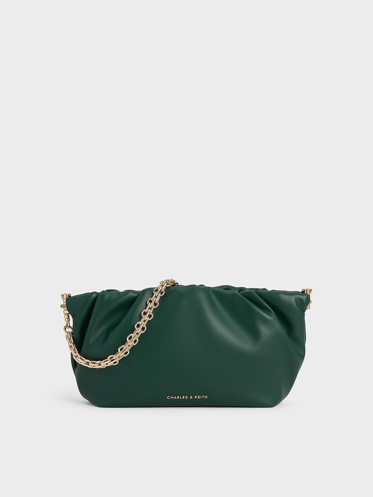 Brigette Ruched Chain-Handle Clutch, Dark Green, hi-res