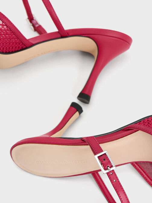 รองเท้าส้นสูงแบบเปิดส้นดีเทลลายตาข่ายถัก, สีแดง, hi-res
