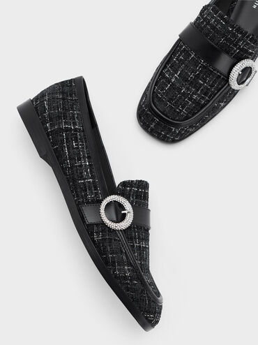 Tweed Crystal-Embellished Buckle Loafers, Multi, hi-res
