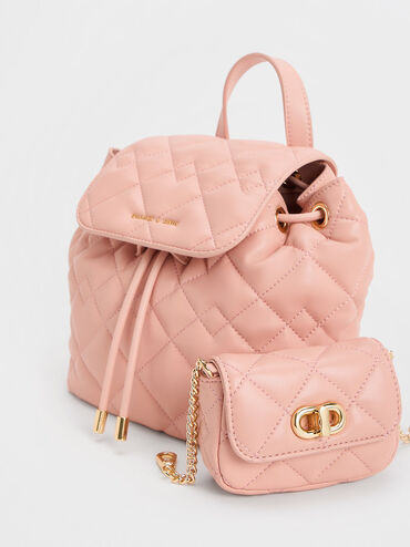 กระเป๋าเป้ลายควิลท์รุ่น Aubrielle, สีชมพู, hi-res