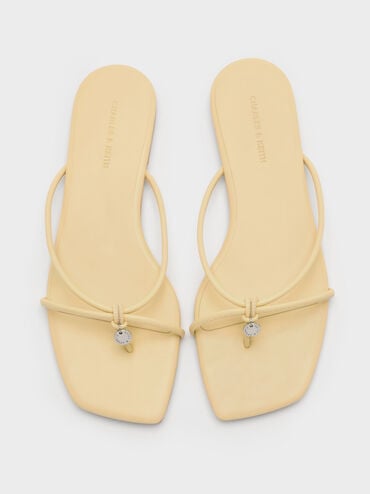 Metallic-Charm Strappy Thong Sandals, Yellow, hi-res