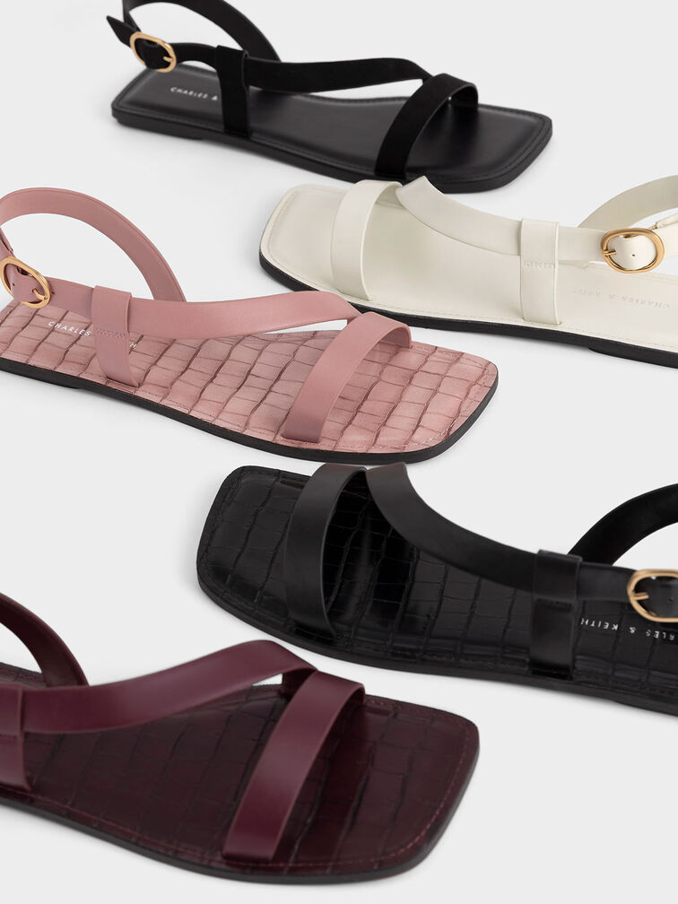 Croc-Effect Asymmetric Slingback Flat Sandals, , hi-res