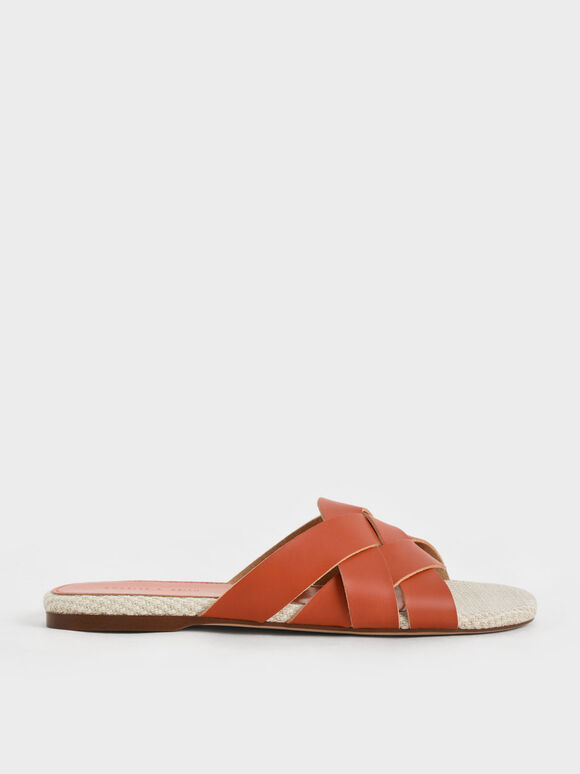 Woven Slide Sandals, Orange, hi-res