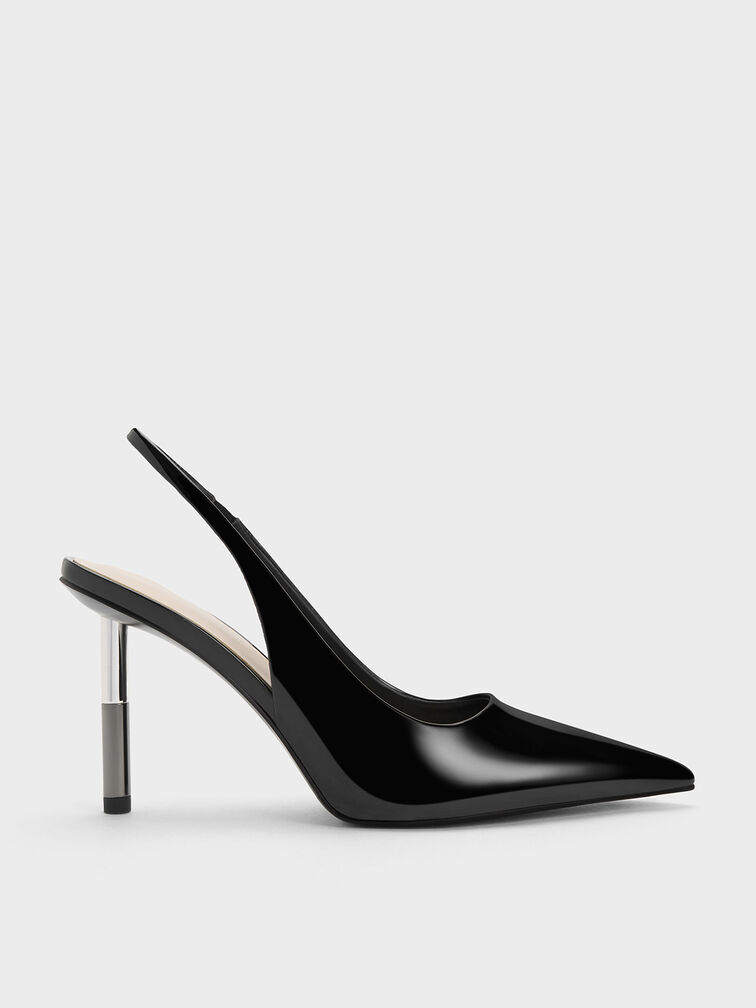 Cylindrical Metallic Heel Patent Slingback Pumps, Black Patent, hi-res