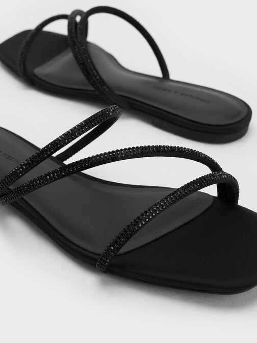 Satin Crystal-Embellished Strappy Sandals, Black Textured, hi-res