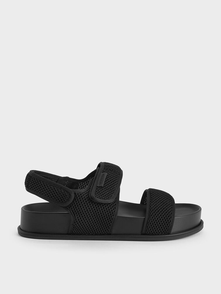 Mesh Double-Strap Slingback Sandals, Black Textured, hi-res