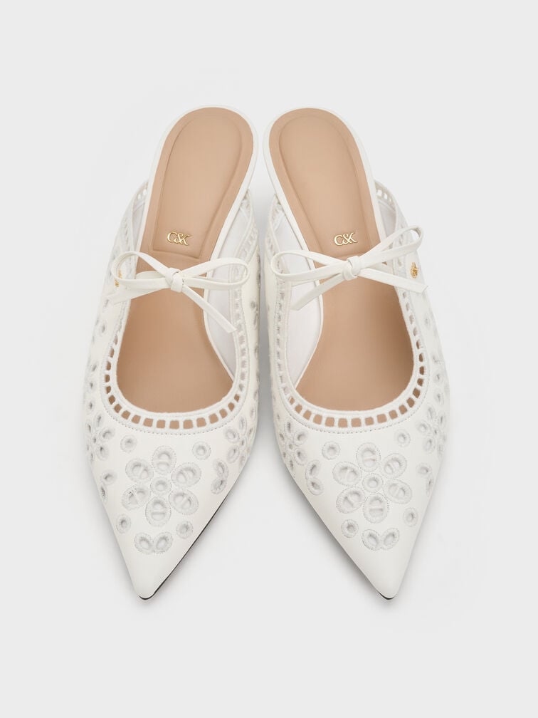 Leather Embroidered Heeled Mules, White, hi-res