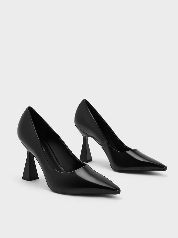 Trapeze Heel Pointed-Toe Pumps, Black Boxed, hi-res