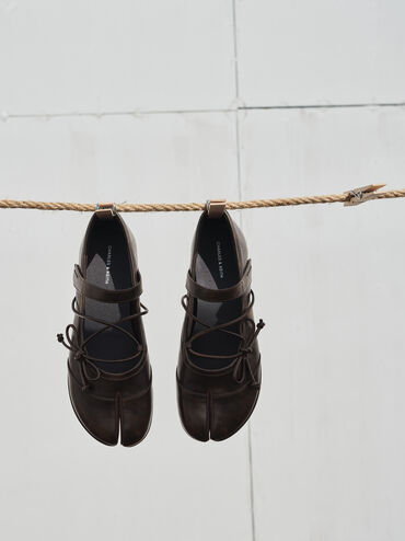 Aether Lace-Up Split-Toe Mary Jane Flats, Brown, hi-res