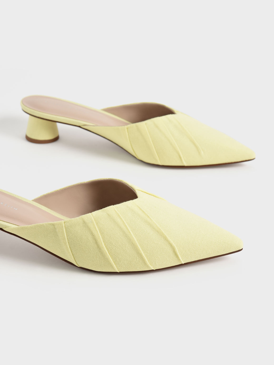 Linen Ruched Cylindrical Heel Mules, Yellow, hi-res