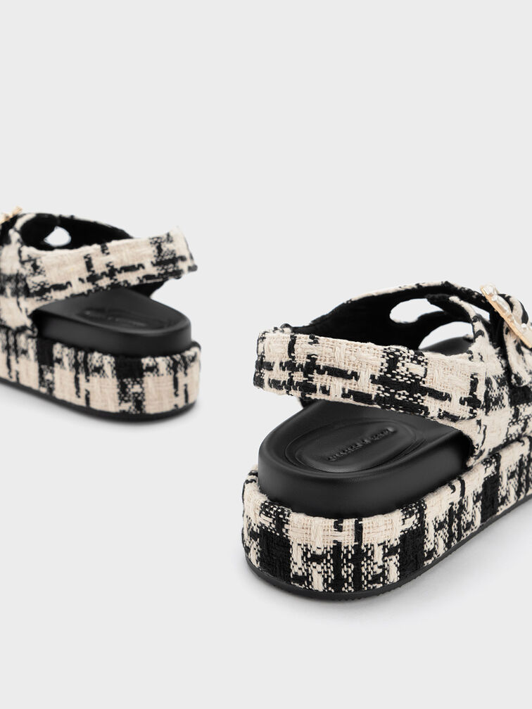 Tweed Pearl-Buckle Double Strap Sandals, สีแบล็คเท็กซ์เจอร์, hi-res