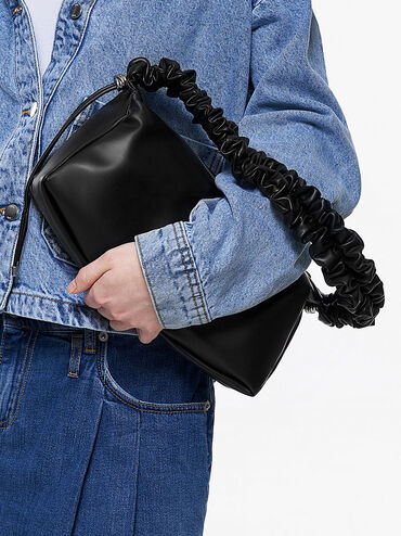 Cosette Ruched Handle Bag, สีดำอะไหล่สีเงิน, hi-res