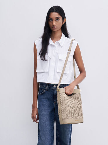 Apolline Textured Knit Bucket Bag, สีโทป, hi-res