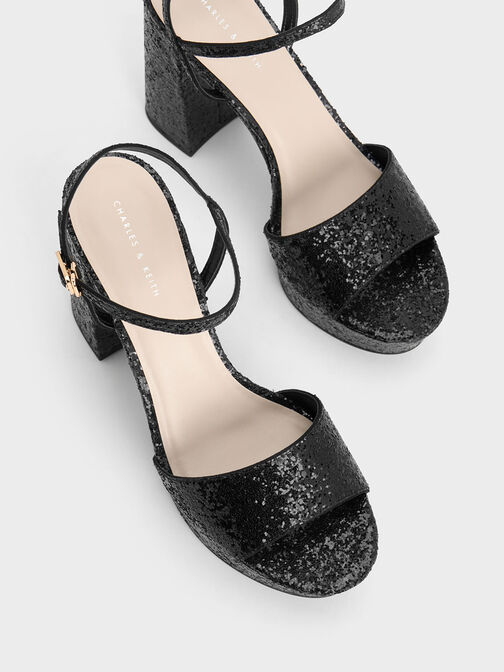 Glittered Ankle-Strap Platform Sandals, สีแบล็คเท็กซ์เจอร์, hi-res