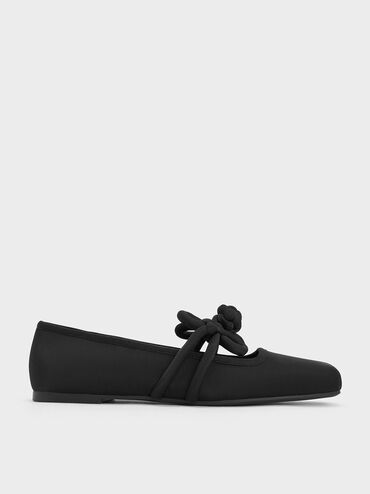 Clover-Knot Mary Jane Flats, Black Textured, hi-res