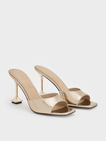 Jacqueline Metallic Leather Sculptural-Heel Mules, Champagne, hi-res