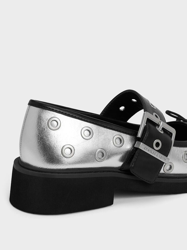 Metallic Grommet Buckled Mary Janes, Silver, hi-res