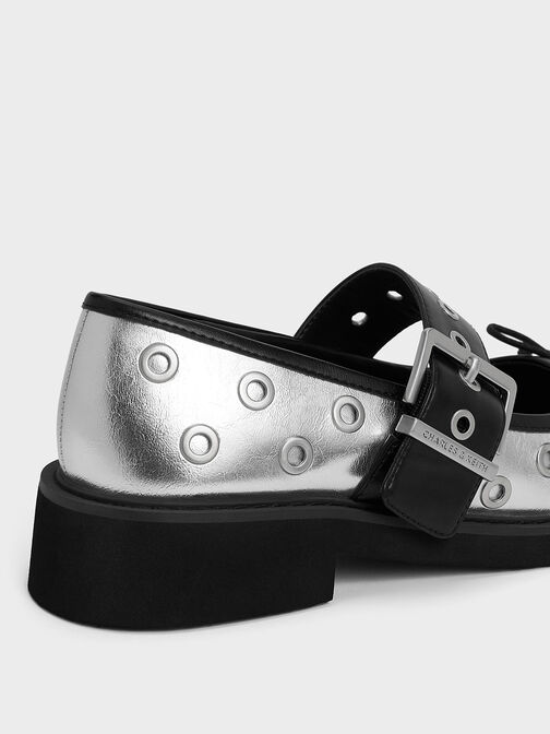 Metallic Grommet Buckled Mary Janes, Silver, hi-res