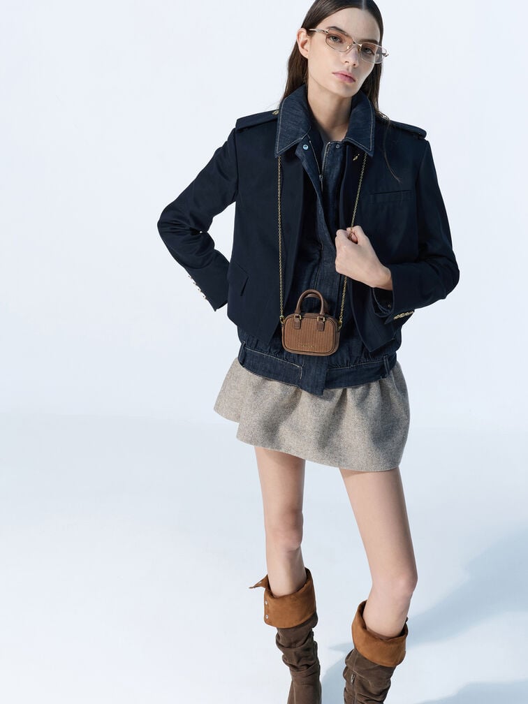 ชาร์มกระเป๋าทรงโบว์ลิ่งวัสดุผ้าลูกฟูกดีไซน์แบบทูโทนรุ่น Sianna, สีมอคค่าบราวน์, hi-res