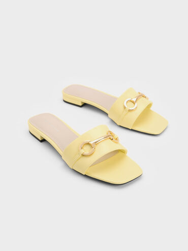 Metallic Bar Slide Sandals, Yellow, hi-res