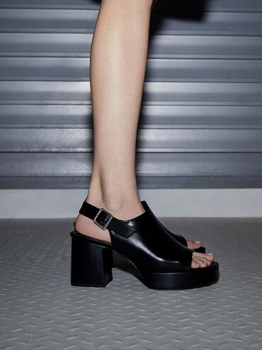Peep-Toe Platform Sandals, Black, hi-res
