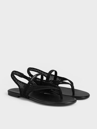 Ellory Mesh Thong Slingback Sandals, Black Textured, hi-res