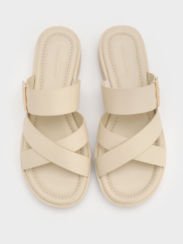 Metallic-Accent Crossover-Strap Slide Sandals, Chalk, hi-res