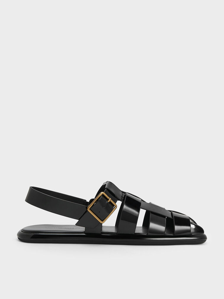 Metallic Buckle Caged Patent Slingback Sandals, , hi-res
