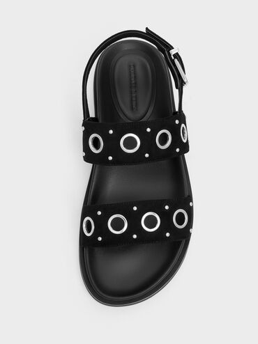 รองเท้าแตะรัดส้นหนังกลับสังเคราะห์ประดับห่วงโลหะ, สีแบล็คเท็กซ์เจอร์, hi-res