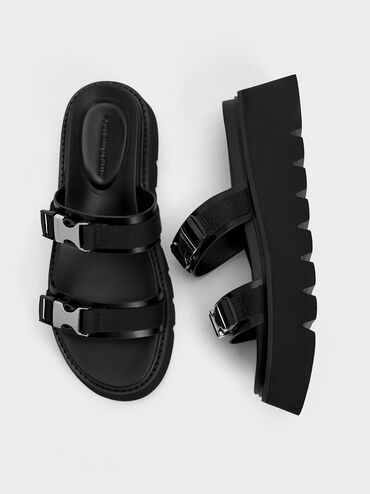 Laine Metallic-Buckle Flatform Sandals, Black, hi-res