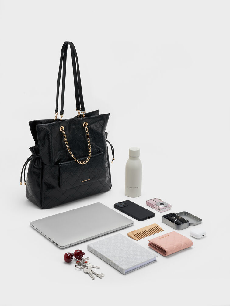 Duo Quilted Braided-Strap Drawstring Two-Way Backpack, Black, hi-res