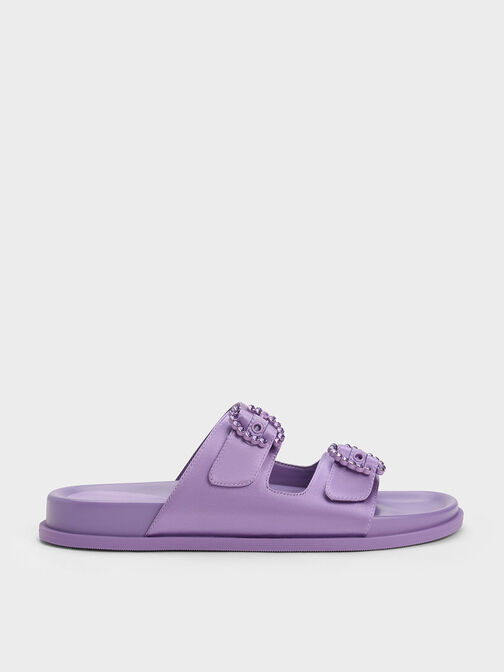 Reycled Polyester Embellished Buckle Sandals, Purple, hi-res