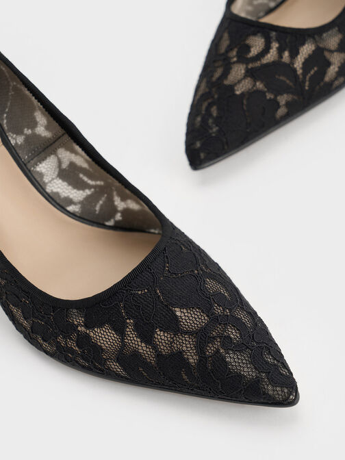 Lace & Mesh Pointed-Toe Pumps, Black Textured, hi-res
