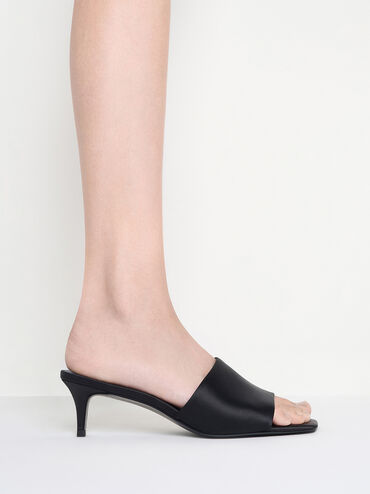 Satin Square-Toe Kitten-Heel Mules, Black Textured, hi-res