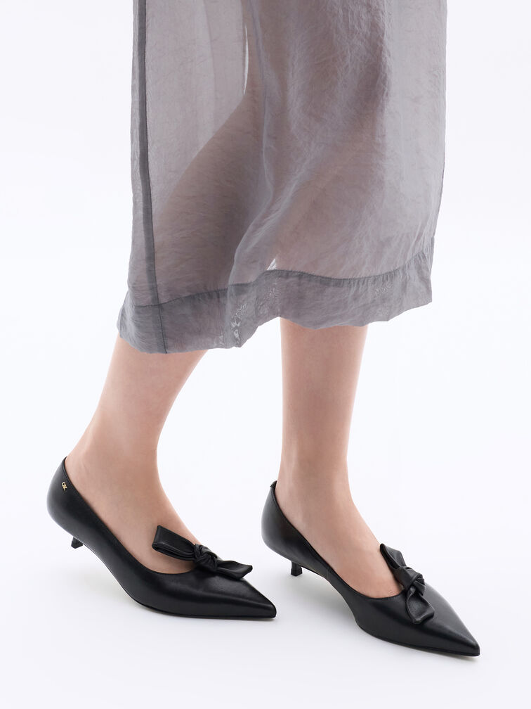 Illana Leather Knot-Bow Kitten Heels, Black, hi-res