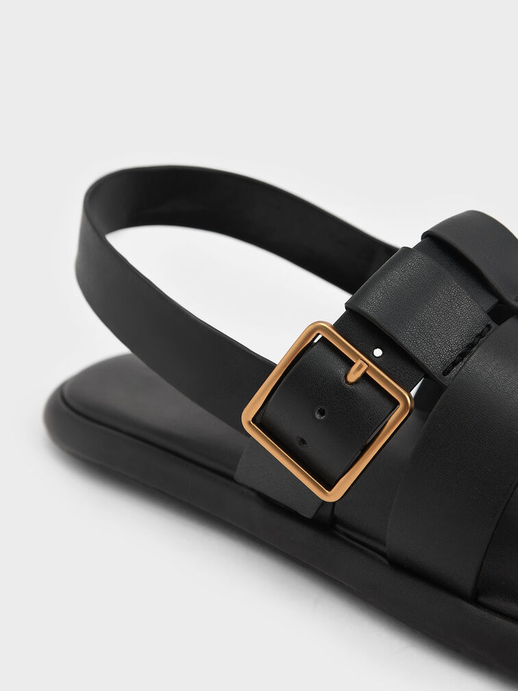 Metallic Buckle Caged Slingback Sandals, Black, hi-res
