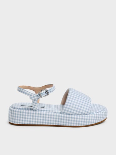 Gingham Ankle-Strap Flatform Sandals, Light Blue, hi-res