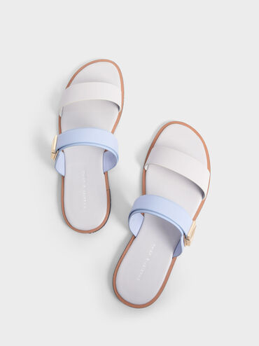 Metallic Buckle Slide Sandals, สีฟ้าอ่อน, hi-res