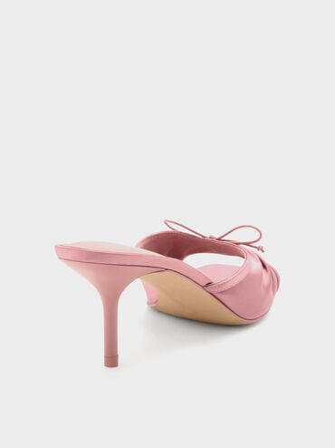 Satin Ruched Bow Heeled Mules, Pink, hi-res