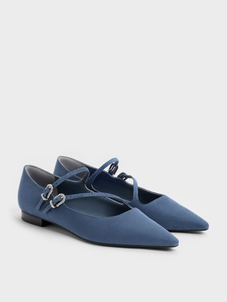 Faux Suede Crystal-Buckle Double-Strap Mary Janes, Blue, hi-res
